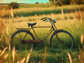 Fototapeta premium A rusty old bicycle with a classic design stands in a golden yellow grassland near dusk with warm light shining on the natural rural landscape.
