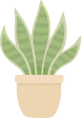 A potted green snake plant with striped leaves and a light tan pot
