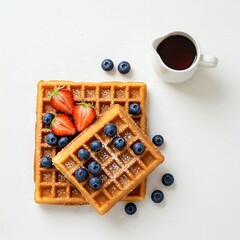 A golden brown waffle topped with fresh blueberries and strawberries, with a small cup of syrup on the side, presented on a white surface, ideal for breakfast or brunch.