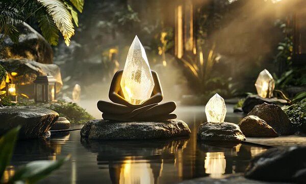 Glowing crystal levitating above dark stone surrounded by golden mystical lights. Spiritual healing concept
