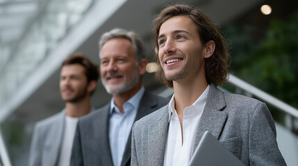 Group of multi-ethnic executives in business attire exchanging ideas on a contemporary staircase inside a bright open-plan office with plants, glass walls, and modern interior design,diverse professio