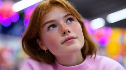 Close-up portrait of a contemplative young woman with freckles and a nose piercing, gazing upwards in a vibrant, bokeh-filled environment, suggesting a moment of thoughtfulness or inspiration