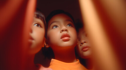 Three young children hiding in a wardrobe, faces lit by soft orange light as they gaze upward with curiosity and hope, symbolizing learning and aspiration
