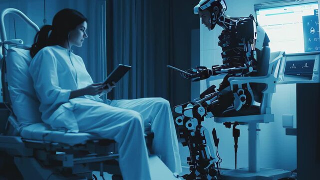 Innovative rehabilitation with a robotic exoskeleton helping a patient regain mobility and independence, Modern rehab scene, patient in robotic exoskeleton, hospital therapy, scientists use tablet