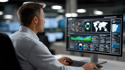 High-tech workspace showing digital strategist managing advanced marketing data via futuristic touchscreen monitors with global maps, infographics, and real-time performance metrics, futuristic busine