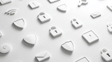 Minimal white 3D icons of locks, shields and digital symbols scattered on a flat surface representing cybersecurity, privacy and information protection in modern digital environments