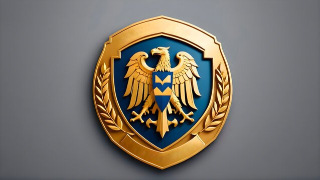 Decorative golden and blue emblem mounted on a wall, representing a symbolic or cultural design with geometric artistic elements and eagle on shiled mockup
