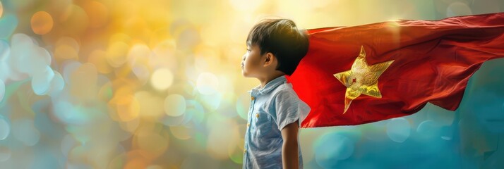 Vietnamese national day celebration with child holding flag in festive atmosphere. Independence Day of Vietnam. Horizontal banner. Copy space. Boy with flag of Vietnam
