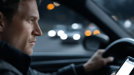 Realistic visual of a man texting while driving, showing reckless road behavior inside a sleek urban vehicle, with oncoming traffic visible through the windshield and risk indicators displayed