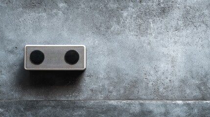 Minimal silver portable speaker on concrete textured background with copy space ideal for audio product advertising, tech gadget presentations and sound branding visuals