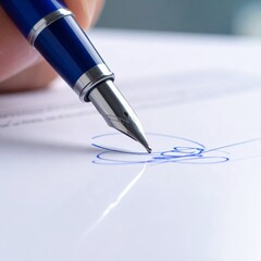 Fototapeta premium Hand holding blue fountain pen signing on white paper with a delicate design