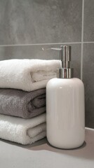 Stack of soft white and gray towels next to modern soap dispenser in tiled bathroom perfect for wellness branding, spa visuals and interior design content