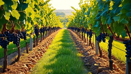 Lush vineyard rows with ripe grapes under golden sunlight, showcasing nature's bounty - Powered by Adobe