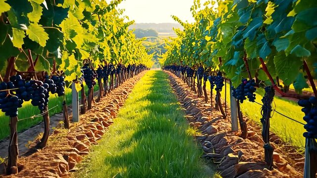 Lush vineyard rows with ripe grapes under golden sunlight, showcasing nature's bounty