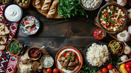 Traditional bulgarian feast for independence day celebration. Traditional bulgarian food. Horizontal banner. Copy space. Free space for text