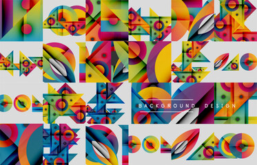 Abstract geometric pattern. Colorful shapes overlap, creating dynamic visual texture. Modern design elements present.