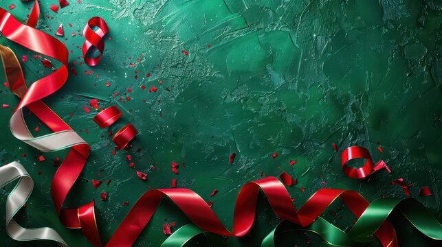 Festive bulgarian independence day celebration with red and green ribbons on textured background. Horizontal banner. Copy space. Ribbons in colors of flag of Bulgaria on a green background - Powered by Adobe