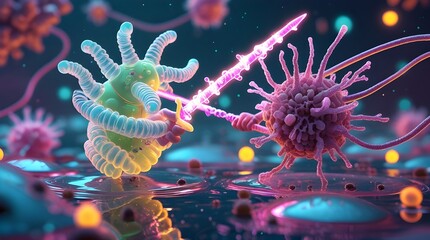 two imaginative microbes engaging in battle inside a microscopic dream world 
