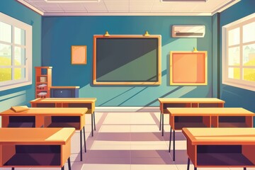 Bright classroom setting for back to school education and learning environment design. Flat illustartion. Horizontal banner. Copy space. Free space for text