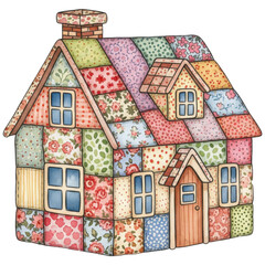 A charming, colorful house, its exterior adorned with an intricate patchwork design that adds a touch of rustic elegance and artistic flair.
