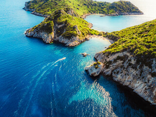 Porto Timoni bay with twin beaches and turquoise waters  and sand beach on Corfu in Greece in...