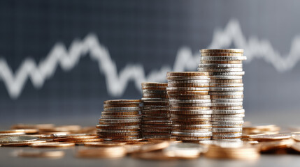 Stacks of coins in front of financial chart symbolizing investment growth economy wealth and profit for business finance blogs and ads
