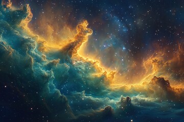 Vibrant cosmic nebula gaseous cloud glowing with brilliant blue teal and orange hues showcasing distant stars and boundless universe