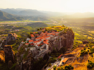 The monastery Meteora, aerial rocky monasteries complex in Greece near Kalabaka city. Holy Monastery of the Great Meteoron and Varlaam