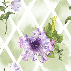 Floral pattern with purple flowers and green leaves on a mosaic background watercolor illustration. Seamless pattern of petunia bouquets. Delicate buds of garden flowers in a realistic style