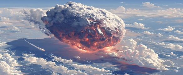 Dramatic Asteroid Impact Cataclysmic Event with Destruction, and Fiery Explosion Over Earths Clouds.
