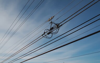 Overhead power lines against a blue sky cables wires
