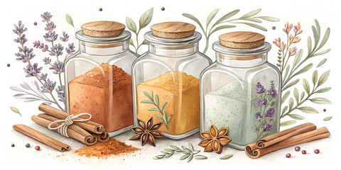 Set of transparent spice jars with hand-drawn herbs like lavender and thyme. Features soft botanical details and cozy kitchen mood. Ideal for culinary, wellness or rustic product illustration.

