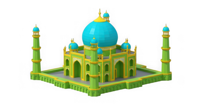 Ai generated image of cartoonish islamic mosque with green and blue domes isolated on transparent background