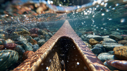 Underwater and Above View from a Canoe on Clear River with Colorful Pebbles and Sunlight Rays