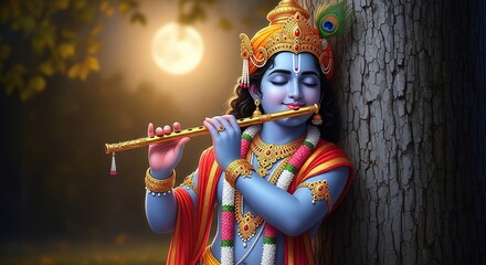"Little Krishna Playing Flute – Janmashtami Festival Illustration on White Background"	
