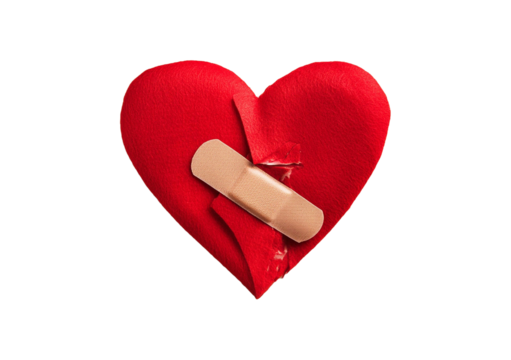 broken heart love relationship and plaster bandage isolated on transparent or white background