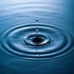 Water drops creating concentric ripples on blue surface