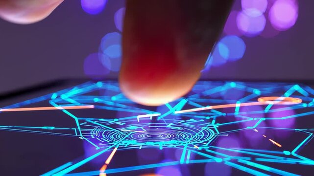 Finger touches digital cyber interface activating system. Network grid lights with data in technology mode. Cyber network reacts with data signals as global system maps digital flow pattern.