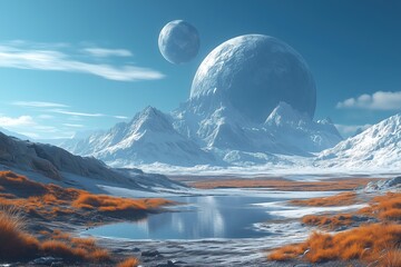 Majestic futuristic alien landscape featuring snow capped mountains and tranquil water body reflecting distant celestial planets under vast blue sky