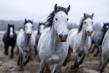 Obraz premium White horses running fast, Galloping herd on muddy field, Wild nature or freedom concept