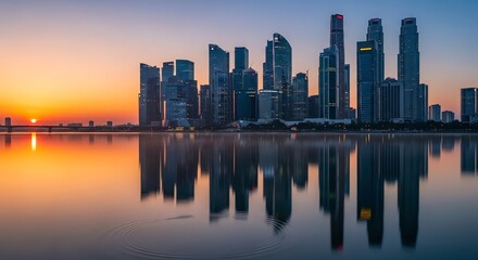 Fototapeta premium Singapore skyline reflects sunset over water