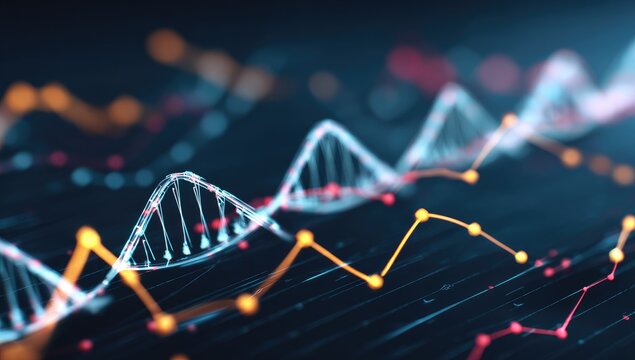 Abstract DNA helix overlaid on data charts