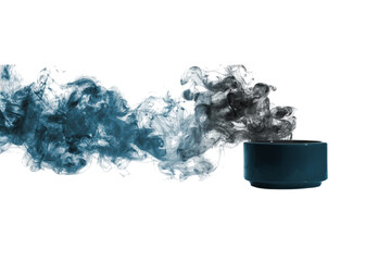 A photorealistic photograph of a coffee cup with smoke, against a white isolated on a transparent background in PNG format.