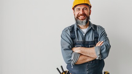 A photo of a cheerful, experienced repairman on a white background.