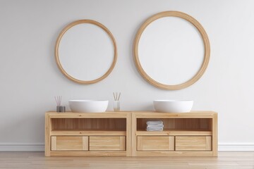 Fototapeta premium Minimalist bathroom with twin sinks and circular mirrors