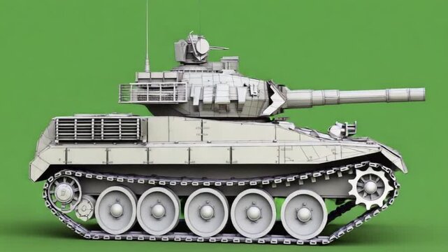 Powerful modern military tank moves into action on green screen background