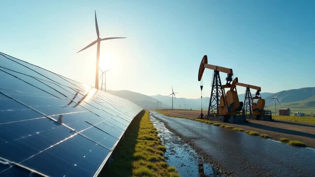 Comparative Study of Alternative Energy vs Oil: Renewable Technologies & Fossil Fuel Performance for Sustainable Energy Transition Strategies - Conceptual Photo Stock