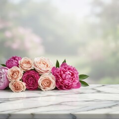Obraz premium Empty white marble table with bunch of fresh roses and peonies for product montage, banner, poster, blog post with copy space for text. Mother's Day, Valentine's Day and weddings. 