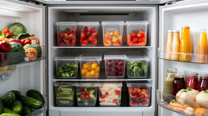Open fridge with healthy fruits vegetables and juices for clean eating wellness food organization grocery ads and meal prep content