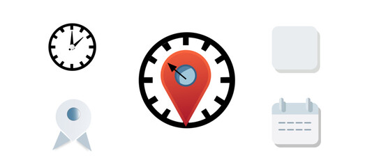 Address. time, and date icon vector. Event elements isolated on transparent background. Clock, pin map location,	
